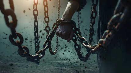 Freedom person broken chains. Generate - obrazy, fototapety, plakaty