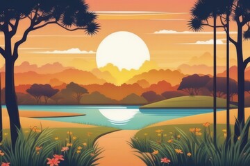 Ilustração com paisagem de Savana, bioma  típico de regiões de clima tropical , gerado com IA (Playground AI) - obrazy, fototapety, plakaty