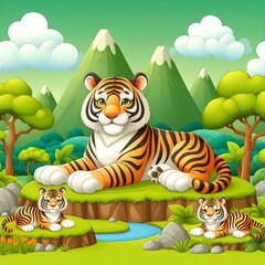 Obraz na płótnie Canvas Cute 3D illustration of a tiger background, Tiger coloring background