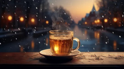 Foto op Plexiglas cup of hot black coffee, cappuccino on table near window with scenic blurred winter background © Oleksandra