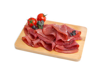 Slices of tasty bresaola and tomatoes isolated on white