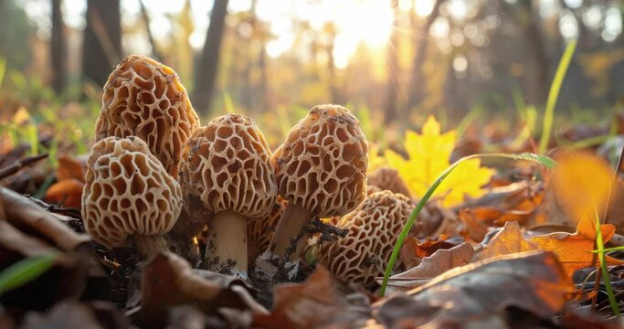 a close up of delicious fresh morels in the woods in the morning light with copy space