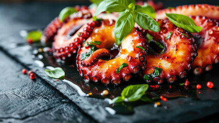 Delicious gourmet grilled octopus on a black table. - obrazy, fototapety, plakaty