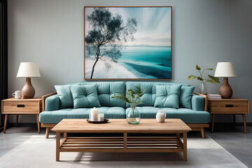 Elevate your living space with light blue and aqua sofas surrounding a wooden table. 