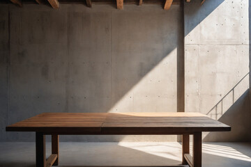 Empty copy space on a wooden tabletop against the cement loft wall with shadow and daylight indoors