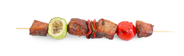 Delicious shish kebab with vegetables isolated on white, above view