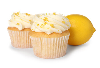 Delicious cupcakes with cream and lemon zest isolated on white