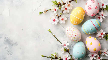 Easter eggs, twigs with flowers for background with copy space for text. Top view.