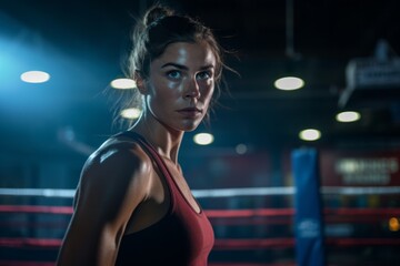 Portrait of an active girl in her 30s practicing boxing in a ring. With generative AI technology - obrazy, fototapety, plakaty