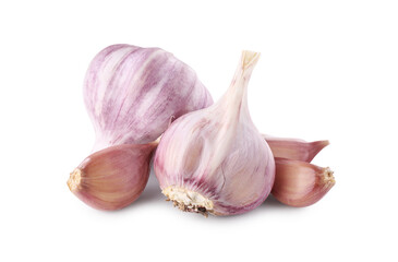 Fresh raw garlic heads and cloves isolated on white