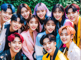 Colorful Harmony: K-Pop Idols Radiate Friendliness in Vibrant Group Photography. generative AI