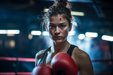 Portrait of a concentrated girl in her 30s practicing boxing in a ring. With generative AI technology - obrazy, fototapety, plakaty