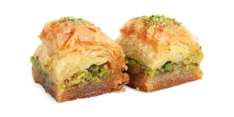 Delicious fresh baklava with chopped nuts isolated on white. Eastern sweets