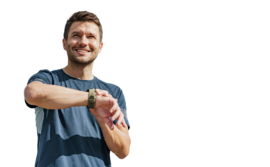 A positive person uses a fitness tracker and an app to track their sports progress. The background is a clear, empty space.