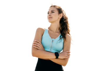 A fitness woman poses confidently in a transparent background.