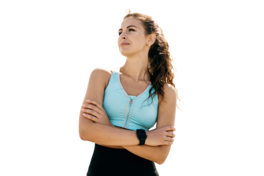 A fitness woman poses confidently in a transparent background.