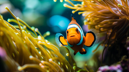Close-up: In clear water, an orange clownfish swims between yellow sea anemones on a coral reef in the ocean. Blurred blue background in the background - obrazy, fototapety, plakaty