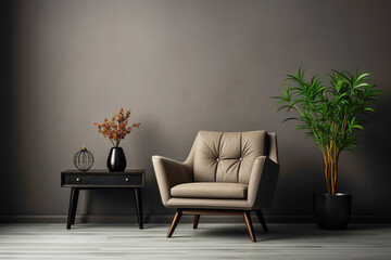 Embrace comfort and style with a dark color single sofa chair, accompanied by a cute little plant, against a serene solid wall featuring a blank empty frame for your personalized message.