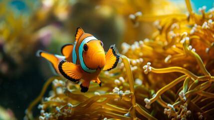 Close-up: In clear water, an orange clownfish swims above yellow sea anemones on a coral reef in the ocean. Blurred background in the background - obrazy, fototapety, plakaty