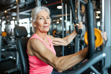 Fototapeta na wymiar An elderly woman trains on a machine in the gym.