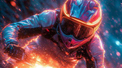 close up of a rider driving a motorcycle under the rain, riding in high speed, wearing a helmet, illuminated with neon lights.  - obrazy, fototapety, plakaty