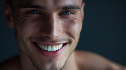 Close up portrait of a caucasian man with toothy smile on dark background with perfect skin and veneer teeth