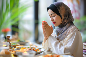 Modern Muslim woman praying before having iftar dinner. Ramadan. 