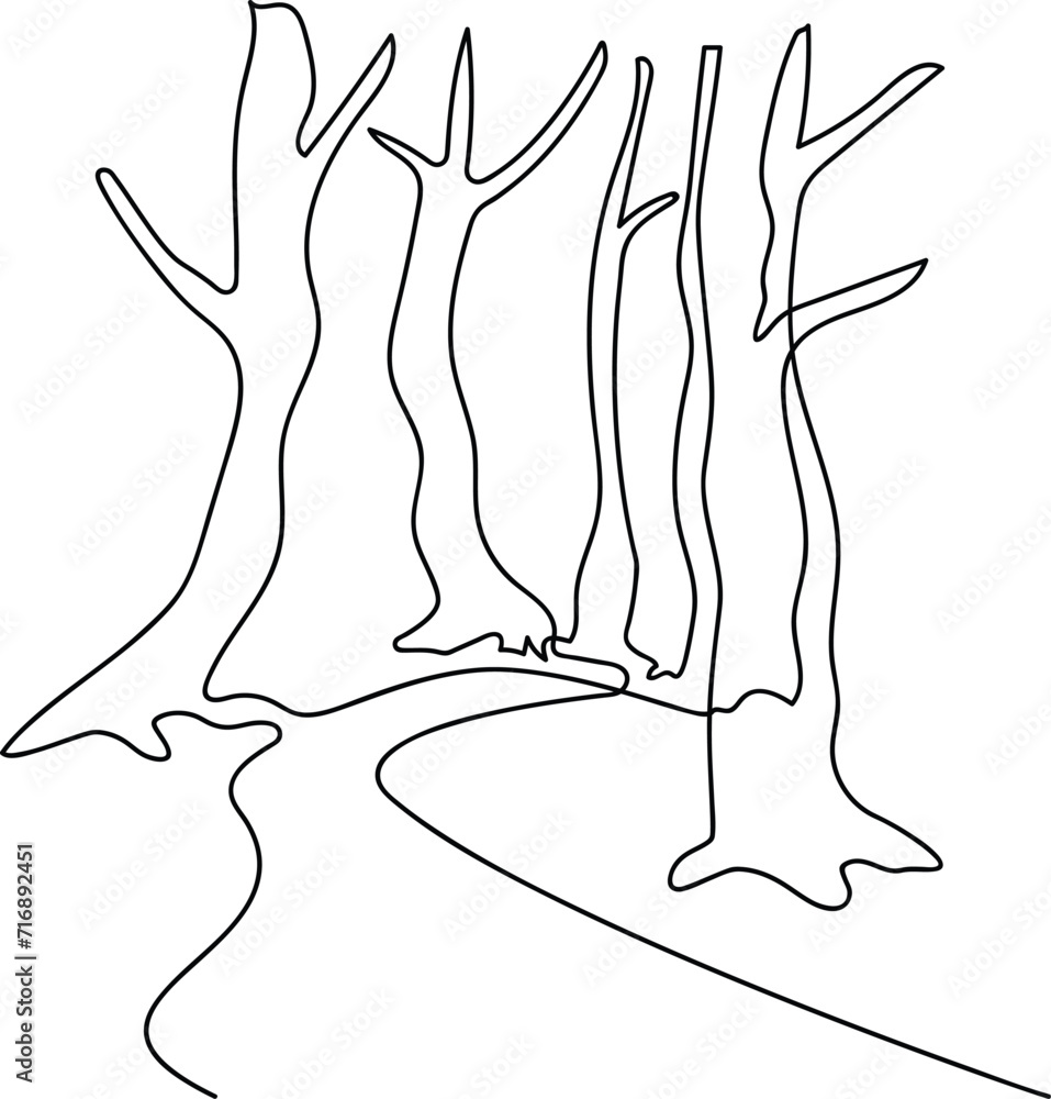 Wall mural Trees without foliage near a path in a garden or park. A place to relax in nature. Continuous line drawing. Vector illustration. - Wall murals