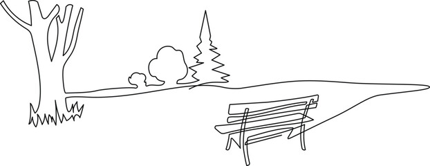Wooden bench on a path in a garden or park. A place to relax in nature. Continuous line drawing. Vector illustration. - 716892428
