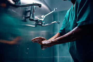 Close up of surgeon washing hands before getting into operating room.