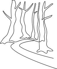 Trees without foliage near a path in a garden or park. A place to relax in nature. Continuous line drawing. Vector illustration.