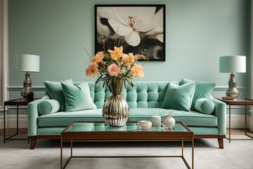 Embrace the freshness of a mint-colored sofa and coordinating table, enhancing the living space against an empty frame poised for your unique expression.
