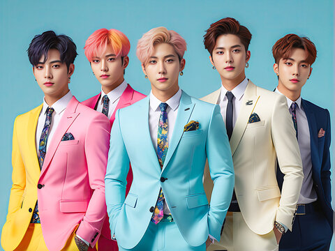 K-Pop Kaleidoscope: Vibrant Male Group with Colorful Looks, Fashionable Suits, and Stylish Hairstyles. generative AI