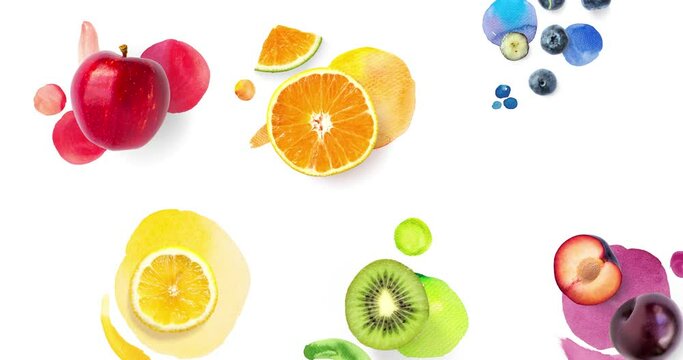 Creative animation made of fruits, orange, lemon, kiwi, blueberry and plum decorated with watercolor spots, on the white background. Animation concept food. 