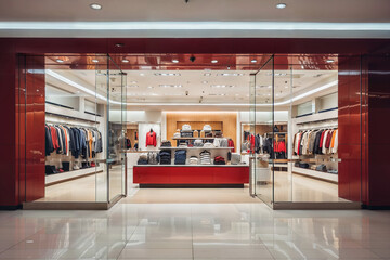 Contemporary Fashion Boutique Interior, Glass Facade, Casual and Formal Apparel Display in Mall