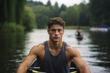 Portrait of a concentrated boy in his 30s rowing in a lake. With generative AI technology