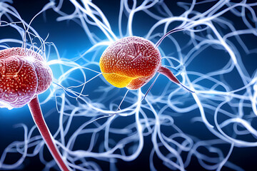 Illustration of a realistic close-up of the human brain showing firing neurons and nerve extensions, cells in a vein, concept of National Doctors Day