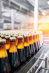 Detailed view of sealed beer bottles on production line with sun light. Industry brewery plant