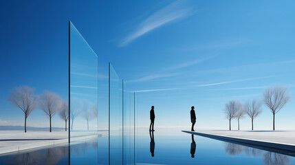 abstract photograph composed of standing crystals, a water channel and the reflection of the silhouette of men with trees around, minimalist and with a blue sky. Dreamy and surreal concept 