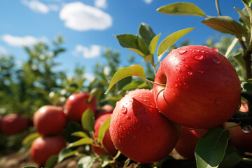 Ripe red apples piled up in an orchard, with a clear blue sky above