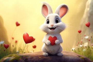 Cartoon bunny holding a red heart in his paws against a background of colorful nature landscape