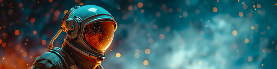Banner Astronaut in a spacesuit of colorful bokeh galaxy. Illuminated by sunlight orange light. Cosmonautics day concept. Astronomy and cosmos. Free space for text, copy space.