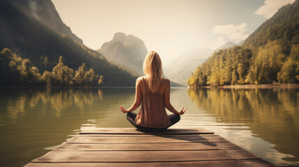 A woman meditation in lotus position on a wooden dock, in misty mountain lake at sunrise