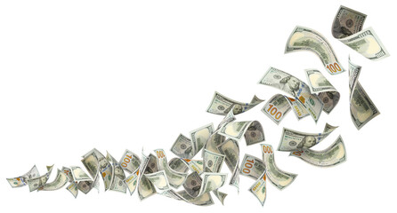 Flying 100 American dollars banknotes, cut out