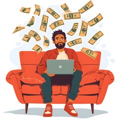 businessman sitting on a chair with laptop, a man sitting on a couch with a laptop and money falling from the sky behind him, illustration