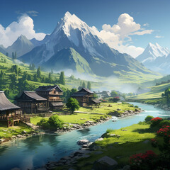 Obraz premium A tranquil village nestled at the foot of a majestic mountain range created with Generative Ai