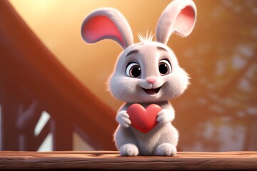 Cartoon bunny holding a red heart in his paws against a background of colorful nature landscape