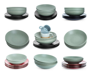 Stacks of ceramic plates, bowls and cups isolated on white, set
