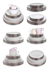 Stacks of ceramic plates and cups isolated on white, set
