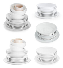 Stacks of ceramic plates, bowls and cups isolated on white, set